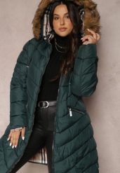 Ciemnozielona Kurtka Pikowana z Futerkiem Vela. Zielone kurtki Renee, plus size, bez wzorów. W wyprzedaży za 237.99 zł.