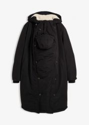 Płaszcz ciążowy na podszewce 3w1 ze wstawką na nosidełko. Czarne płaszcze bonprix, bez wzorów, bez kaptura. Za 429.99 zł.