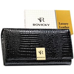 Lakierowany, czarny portfel damski ze skóry naturalnej z systemem RFID RH-20A-1-RS Rovicky. Czarne portfele ROVICKY, bez wzorów, z lakierowanej skóry. Za 99.99 zł.