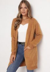 Ciemnobeżowy Puszysty Kardigan Niezapinany Heliture. Brązowe swetry Born2be, bez wzorów, z dzianiny, bez ramiączek. Za 54.99 zł.