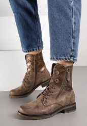 Brązowe Botki w Stylu Workerów z Ozdobnym Suwakiem i Wężową Wstawką Vemalora. Brązowe botki Renee, bez wzorów, z jeansu, eleganckie, bez obcasa, na płaskiej podeszwie, bez zapięcia. Za 94.99 zł.