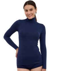 Koszulka damska golf z wełną Brubeck COMFORT MERINO. Niebieskie swetry Brubeck, l, bez wzorów, z materiału, klasyczne, bez ramiączek. Za 234.99 zł.
