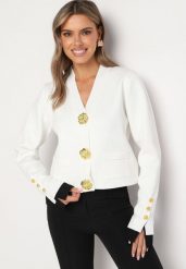 Biały Kardigan Wiskozowy z Ozdobnymi Złotymi Guzikami Iriniaela. Białe swetry Born2be, l, bez wzorów, z wiskozy, eleganckie, bez ramiączek. W wyprzedaży za 161.49 zł.