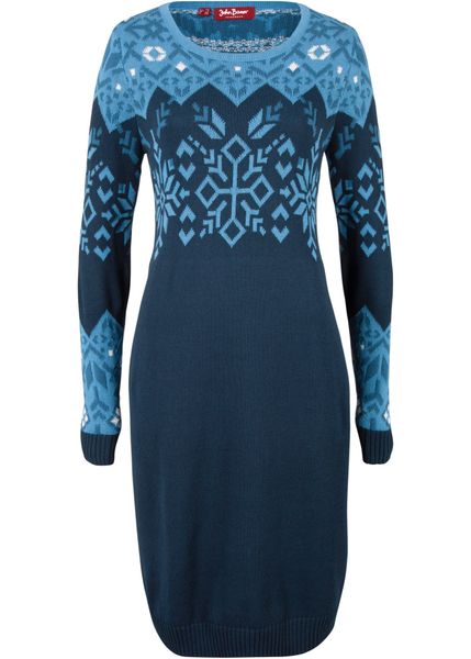 Sukienka dzianinowa w norweski wzór. Niebieskie sukienki bonprix, bez wzorów, z dzianiny, bez kołnierzyka, bez ramiączek. Za 134.99 zł.
