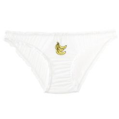 Figi z haftem owocowym z delikatnego materiału Anjana. Białe figi Intica, bez wzorów, ze skóry. W wyprzedaży za 59.00 zł.