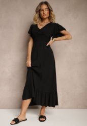Czarna Rozkloszowana Sukienka z Wiskozy z Kopertowym Dekoltem Rellrive. Czarne sukienki Renee, na co dzień, l, bez wzorów, z wiskozy, eleganckie, bez kołnierzyka, bez ramiączek, maxi, kopertowe. W wyprzedaży za 55.99 zł.