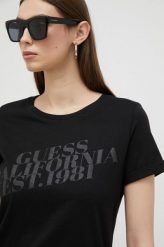 Guess t-shirt bawełniany kolor czarny. Czarne t-shirty Guess, l, z aplikacjami, z bawełny, bez kołnierzyka, bez ramiączek. Za 189.99 zł.