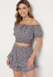 Czarno-Niebieski Komplet Bluzka Hiszpanka i Spódnico-Spodenki z Falbankami Sadelissea. Czarne bluzki Born2be, m, bez wzorów, bez kołnierzyka, bez ramiączek. Za 69.99 zł.