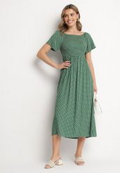 Zielona Sukienka z Bawełny o Rozkloszowanym Kroju w Kropeczki Lisadrisa. Zielone sukienki Born2be, na co dzień, m, bez wzorów, z bawełny, eleganckie, bez kołnierzyka, bez ramiączek, midi, rozkloszowane. W wyprzedaży za 55.24 zł.