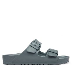 Klapki Birkenstock. Szare klapki Birkenstock, bez wzorów, bez obcasa, bez zapięcia. Za 229.99 zł.