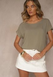 Ciemnobeżowa Wiskozowa Bluzka Oversize Lirealia. Brązowe bluzki Renee, l, bez wzorów, z jeansu, bez kołnierzyka, bez ramiączek. W wyprzedaży za 39.99 zł.