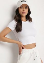 Biały T-shirt z Prążkowanego Materiału o Krótkim Kroju Telunna. Białe t-shirty Born2be, l, bez wzorów, z jeansu, eleganckie, bez kołnierzyka, bez ramiączek. W wyprzedaży za 29.74 zł.