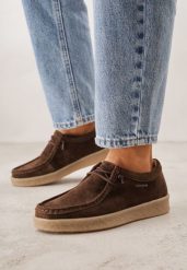 Brązowe Zamszowe Półbuty ze Skórzaną Wkładką i Ozdobnymi Przeszyciami Olenos. Brązowe półbuty wsuwane Born2be, bez wzorów, z dresówki, bez obcasa. Za 189.99 zł.