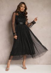 Czarna Siateczkowa Sukienka Maxi o Rozkloszowanym Kroju z Ozdobną Koronką Narile. Czarne sukienki Renee, s, bez wzorów, z koronki, eleganckie, bez kołnierzyka, bez ramiączek, maxi, rozkloszowane. Za 209.99 zł.