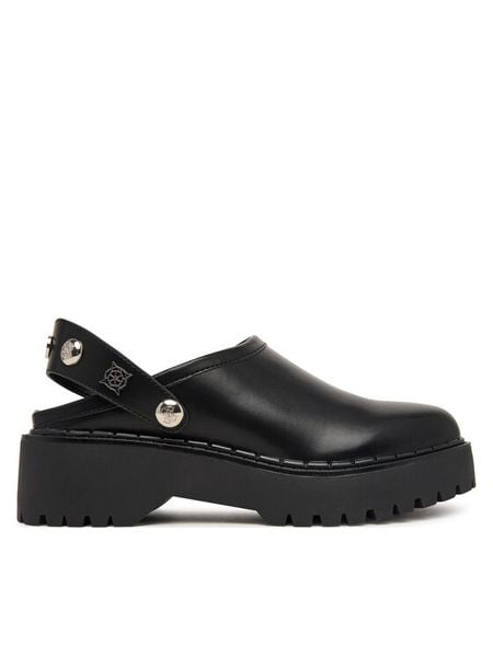 Guess Klapki FLTWNE ELE01 Czarny. Czarne klapki Guess, z aplikacjami, ze skóry, bez obcasa, bez zapięcia. Za 584.99 zł.
