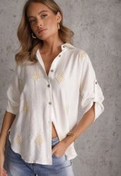 Biała Wiskozowa Koszula z Przedłużonym Tyłem Haftem i Podpinanymi Rękawami Sophora. Białe koszule Renee, l, z aplikacjami, z materiału, casualowe, bez kołnierzyka, plus size, bez ramiączek. Za 69.99 zł.