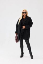 Czarny damski płaszcz Isabella z tkaniny bukla - elegancja i komfort PLUS SIZE XXL OVERSIZE JESIEŃ. Czarne płaszcze Moda Size Plus Iwanek, na jesień, l, bez wzorów, z poliesteru, eleganckie, bez kaptura. Za 559.90 zł.