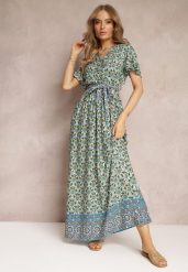 Miętowo-Zielona Sukienka Maxi z Paskiem i Gumką w Talii w Ornamentalny Wzór Calvim. Zielone sukienki Renee, l, bez wzorów, bez kołnierzyka, bez ramiączek, maxi. W wyprzedaży za 75.99 zł.