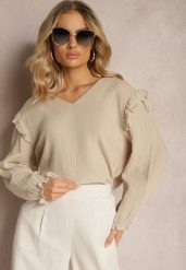 Beżowa Bawełniana Bluzka z Trójkątnym Dekoltem i Ozdobną Falbanką Redsta. Brązowe bluzki Renee, l, bez wzorów, z bawełny, eleganckie, bez kołnierzyka, bez ramiączek. W wyprzedaży za 63.99 zł.