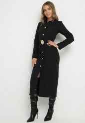 Czarna Elegancka Sukienka z Ozdobnymi Guzikami i Paskiem z Klamrą Esmilea. Czarne sukienki Born2be, do pracy, l, bez wzorów, biznesowe, bez kołnierzyka, bez ramiączek, maxi, proste. Za 169.99 zł.