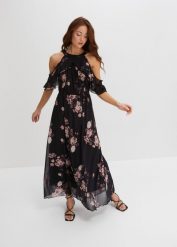 Długa sukienka z siatkowego materiału z nadrukiem. Czarne sukienki bonprix, bez wzorów, bez kołnierzyka, bez ramiączek, maxi. Za 169.99 zł.