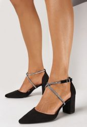 Czarne Czółenka na Słupku ze Szpiczastym Noskiem i Paskami z Cyrkonii Saniva. Czarne czółenka Born2be, z aplikacjami, z tiulu, ze szpiczastym noskiem, bez obcasa, na słupku, bez zapięcia. Za 89.99 zł.