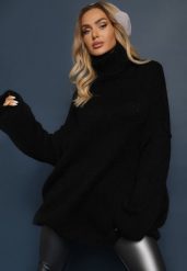 Czarny Golf o Kroju Oversize z Wełną i Moherem Temirali. Czarne swetry Renee, bez wzorów, z jeansu, eleganckie, bez ramiączek. W wyprzedaży za 159.99 zł.