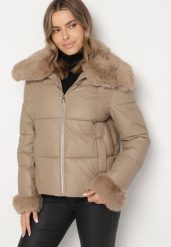 Brązowa Pikowana Kurtka z Szerokim Kołnierzem z Futerkiem Galerra. Brązowe kurtki Born2be, na zimę, l, bez wzorów, z dzianiny, eleganckie, bez kaptura. Za 179.99 zł.