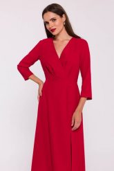 Elegancka sukienka rozkloszowana kopertowy dekolt czerwona. Czerwone sukienki Stylove, xxl, bez wzorów, z elastanu, eleganckie, bez kołnierzyka, bez ramiączek, dopasowane. Za 359.00 zł.