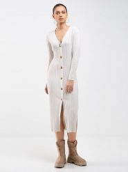 BIG STAR Sukienka w kolorze kremowym rozmiar: M. Brązowe sukienki BIG STAR, m, bez wzorów, prążkowane, retro, bez kołnierzyka, bez ramiączek, maxi. Za 144.99 zł.