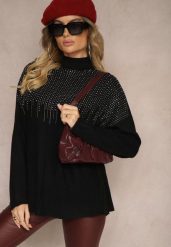 Czarny Golf o Kroju Oversize z Eleganckim Cyrkoniowym Zdobieniem przy Dekolcie Melirra. Czarne swetry Renee, s, z aplikacjami, eleganckie, bez ramiączek. Za 69.99 zł.