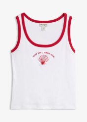 Top w prążek, z czystej bawełny organicznej. Białe topy bonprix, bez wzorów, z bawełny, bez kołnierzyka, bez ramiączek. Za 24.99 zł.