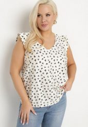 Beżowo-Czarna Bluzka z Wiskozą w Serduszka z Falbankami na Ramionach Tasozi. Czarne bluzki Born2be, plus size, bez wzorów, z jeansu, bez kołnierzyka, plus size, bez ramiączek. Za 79.99 zł.
