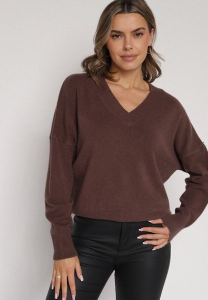 Brązowy Sweter z Dekoltem w V z Domieszką Kaszmiru Mariara. Brązowe swetry Born2be, uniwersalny, bez wzorów, z jeansu, bez ramiączek. Za 109.99 zł.