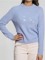 Sweter z połyskującymi cekinami z domieszką wełny - błękitny. Niebieskie swetry Sinsay, l, bez wzorów, z wełny, bez ramiączek. Za 49.99 zł.