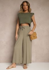 Ciemnozielone Szerokie Spodnie z Wiskozy ze Sznurkiem Natisetia. Zielone jeansy Renee, bez wzorów, z jeansu, eleganckie. W wyprzedaży za 41.99 zł.