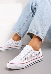 Białe Trampki z Krótką Ażurową Cholewką Paerina. Białe trampki Renee, w ażurowe wzory, z jeansu, boho, bez zapięcia. W wyprzedaży za 51.99 zł.