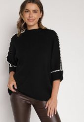 Czarny Sweter z Kontrastową Lamówką Tuselle. Czarne swetry Born2be, bez wzorów, z jeansu, biznesowe, bez ramiączek. Za 109.99 zł.