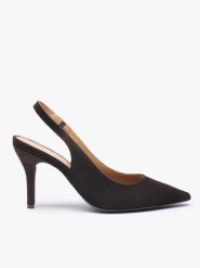 Brązowe czółenka bez pięty slingback na wysokim obcasie. Brązowe czółenka Ryłko, bez wzorów, z gumy, eleganckie, bez obcasa, na obcasie, bez zapięcia. Za 399.99 zł.