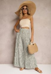 Zielone Wiskozowe Spodnie o Szerokim Kroju High Waist Wykończone Gumką w Pasie Risallet. Zielone jeansy Renee, na lato, l, bez wzorów, z jeansu, z podwyższonym stanem. W wyprzedaży za 38.49 zł.
