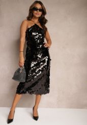 Czarna Cekinowa Sukienka o Asymetrycznym Fasonie z Ozdobnym Wiązaniem na Plecach Leriseli. Czarne sukienki Renee, z aplikacjami, eleganckie, z asymetrycznym kołnierzem, bez ramiączek, midi, asymetryczne. W wyprzedaży za 91.99 zł.