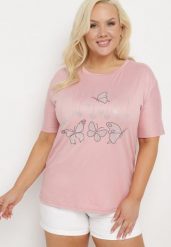 Jasnoróżowy T-shirt z Ozdobnym Nadrukiem i Cyrkoniami Moariss. Czerwone t-shirty Born2be, l, z aplikacjami, z jeansu, eleganckie, bez kołnierzyka, bez ramiączek. Za 49.99 zł.