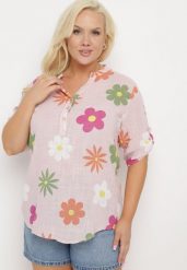 Różowa Koszula z Lnu i Bawełny w Kwiaty z Krótkim Rękawem Ambubia. Czerwone koszule Born2be, plus size, bez wzorów, z bawełny, bez kołnierzyka, plus size, bez ramiączek. Za 99.99 zł.