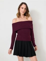 Sweter z dekoracyjnym dekoltem - czerwony. Czerwone swetry Sinsay, l, bez wzorów, bez ramiączek. Za 59.99 zł.