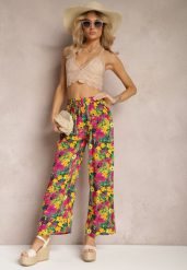 Żółto-Różowe Wiskozowe Spodnie z Prostą Nogawką High Waist w Kwiatowy Wzór Zaranima. Żółte jeansy Renee, na lato, l, bez wzorów, z jeansu, z podwyższonym stanem. W wyprzedaży za 29.99 zł.