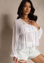 Biała Bluzka z Wiskozą i Ozdobnym Wiązaniem z Transparentnego Materiału Rineira. Białe bluzki Renee, bez wzorów, z jeansu, eleganckie, bez kołnierzyka, bez ramiączek. Za 119.99 zł.