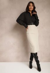 Beżowa Spódnica o Ołówkowym Kroju High Waist z Rozcięciem z Tyłu Liozia. Brązowe spódnice Renee, m, bez wzorów, z jedwabiu, eleganckie, midi, ołówkowe. W wyprzedaży za 83.99 zł.