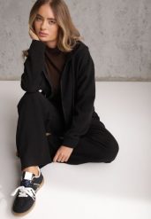 Czarny Prążkowany Komplet Dresowy Spodnie o Szerokim Kroju i Bluza z Kapturem Rerih. Czarne bluzy Renee, l, bez wzorów, z dresówki, z kapturem. Za 169.99 zł.