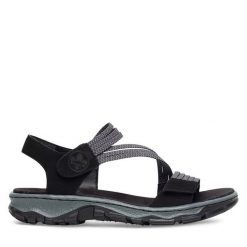 Sandały Rieker. Czarne sandały Rieker, bez wzorów, bez obcasa, na płaskiej podeszwie, bez zapięcia. Za 289.99 zł.
