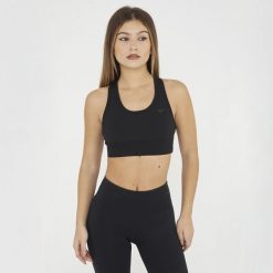 Crop top sportowy treningowy FEBE. Czarne biustonosze sportowe LEGEA, bez wzorów, z materiału, na fitness i siłownię. W wyprzedaży za 84.50 zł.